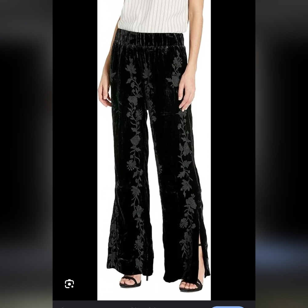 JW Los Angeles Johnny Was Palazzo Silk Black Velvet Pants Floral Embroidery